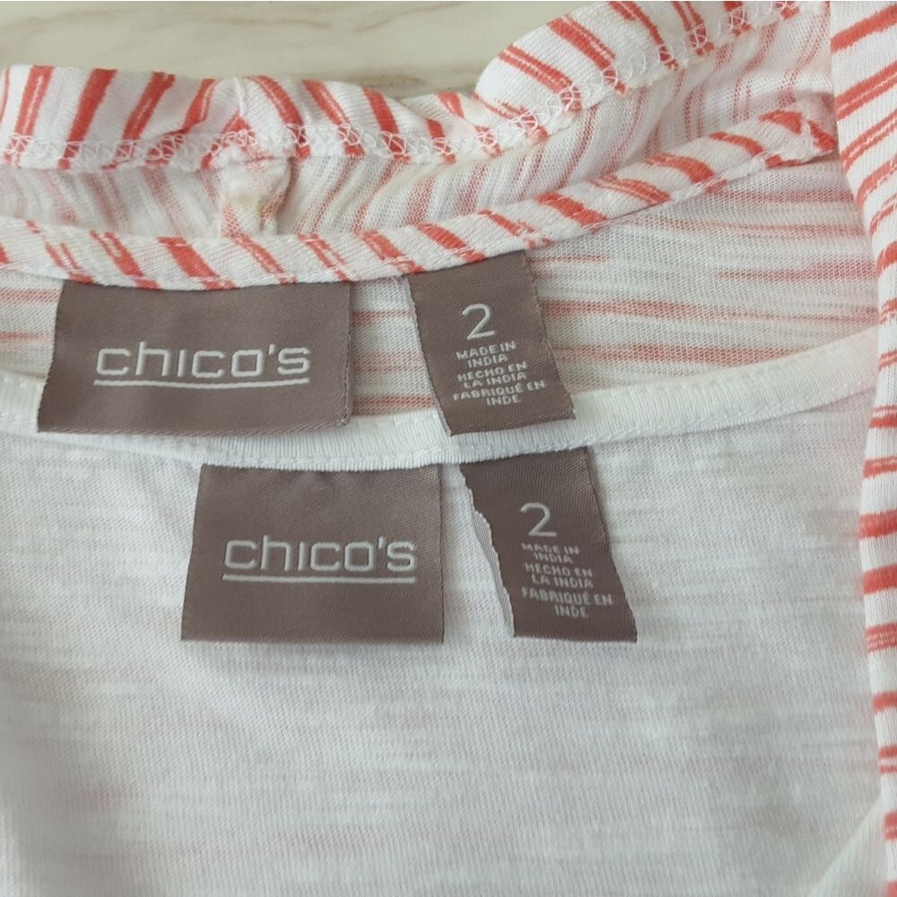 CHICO'S Orange|White Stripe 100% Organic Cotton Open Front Cardigan Twinset Sz 2 - Picture 9 of 9